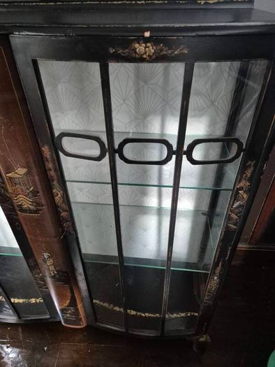 Vintage  Turnige Chinoiserie locking ebonised handpainted cabinet 3 tiers