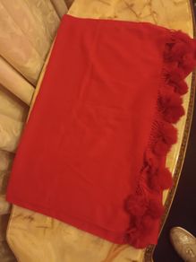 Red Cashmere Mix Pashmina/Shawl with Rabbit Fur Pom Poms BNWOT