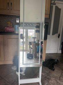 Overview                        white freestanding LED full-length jewelery cabinet mirror