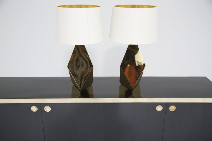 Pair of Modern Brass Origami Mid-century Style Table Lamps, USA