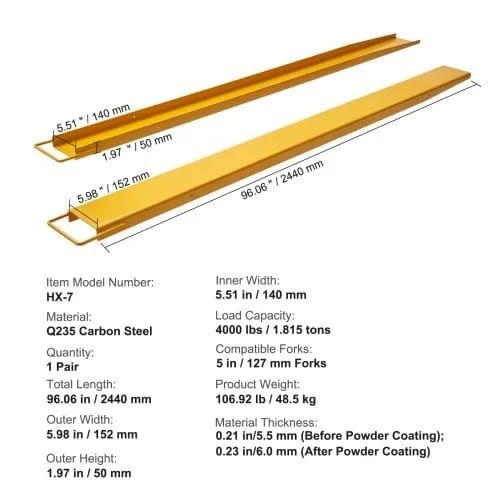 Pallet Fork Extensions, 96" Length 5.5" Width, Heavy Duty Carbon Steel Fork Extensions for Forklifts, 1 Pair Forklift Extensions