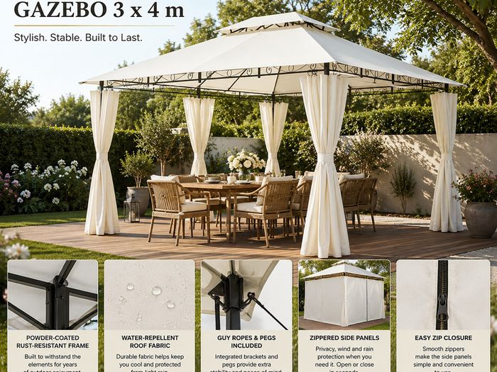 3 x 4m Metal Garden Gazebo with Side Curtains Water-Repellent UV50+ Outdoor Gazebo