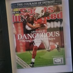 Framed Larry Fitzgerald autographed sports illustrated magazine with Cos