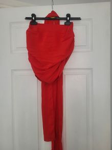red strapless top with sheer scarf
