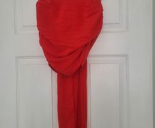 red strapless top with sheer scarf