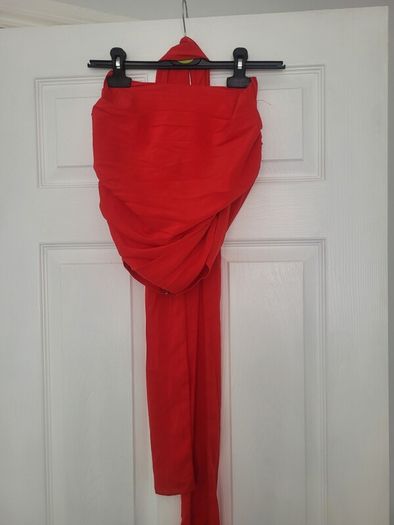 red strapless top with sheer scarf