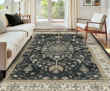 Machine Washable Rugs 180x270 cm Vintage Area Rug Low Pile Anti-Slip Carpet with Print Pattern for Living Room Bedroom Home Office Indoor Black/Beige