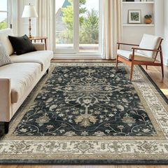 Machine Washable Rugs 180x270 cm Vintage Area Rug Low Pile Anti-Slip Carpet with Print Pattern for Living Room Bedroom Home Office Indoor Black/Beige