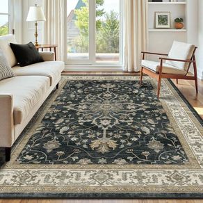 Machine Washable Rugs 180x270 cm Vintage Area Rug Low Pile Anti-Slip Carpet with Print Pattern for Living Room Bedroom Home Office Indoor Black/Beige