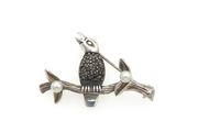 Vintage 925 Sterling Silver Marcasite &amp; Cultured Pearls Singing Bird Brooch