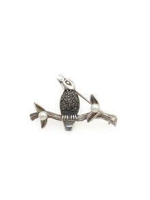 Vintage 925 Sterling Silver Marcasite & Cultured Pearls Singing Bird Brooch