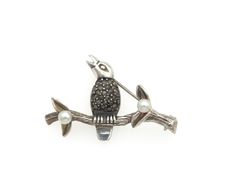 Vintage 925 Sterling Silver Marcasite & Cultured Pearls Singing Bird Brooch