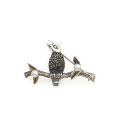 Vintage 925 Sterling Silver Marcasite & Cultured Pearls Singing Bird Brooch