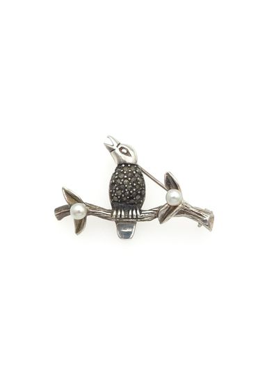 Vintage 925 Sterling Silver Marcasite & Cultured Pearls Singing Bird Brooch