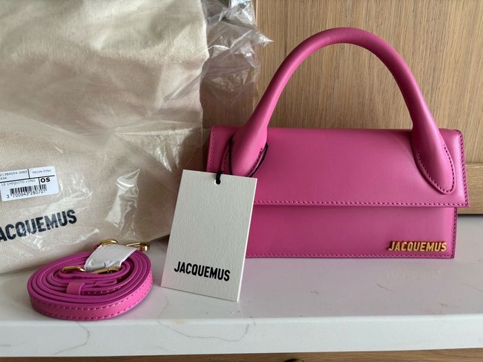 New Jacquemus Le Chiquito Long Pink Leather Top Handle Bag Strap Dust Bag