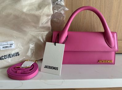 New Jacquemus Le Chiquito Long Pink Leather Top Handle Bag Strap Dust Bag