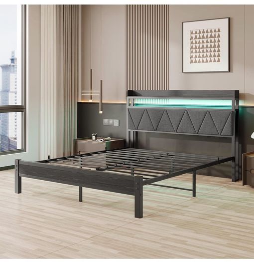 Charging Station,LED Lights, 150x200 cm Heavy Duty Metal Platform Bed Kingsize
