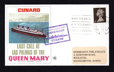 1967 Great Britain Cover Celebrating Cunard Last Transatlantic Voyage of the Cunard Queen Mary Cover noting last stop at Las Palmas with Madrid Spain cancel with separate cancel posted on the High seas tying 4d Machin definitive