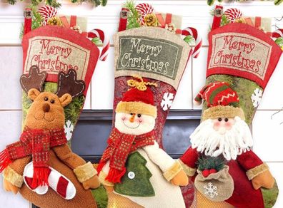 Christmas Stockings, 3 Pack 18" Personalized Xmas Stockings with 3D Snowflake Santa, Snowman, Reindeer for Family Holiday Christmas Party Decorations (FREE POSTAGE)
