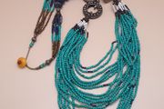Multi-Strand Vintage Tribal Turqouise Howlite &amp; LapisLazuli With Antique Brass Desgin Necklace