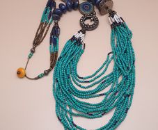 Multi-Strand Vintage Tribal Turqouise Howlite & LapisLazuli With Antique Brass Desgin Necklace