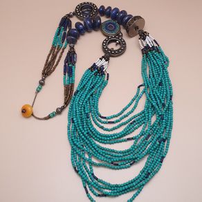 Multi-Strand Vintage Tribal Turqouise Howlite & LapisLazuli With Antique Brass Desgin Necklace