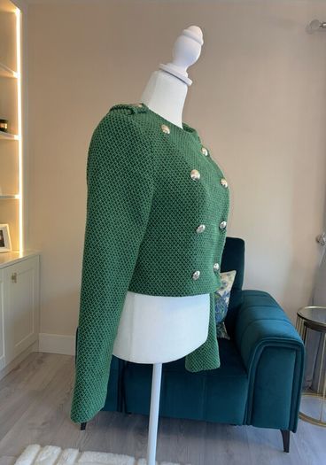 Green Tweed Textured Weave Jacket with Gold Buttons from Zara