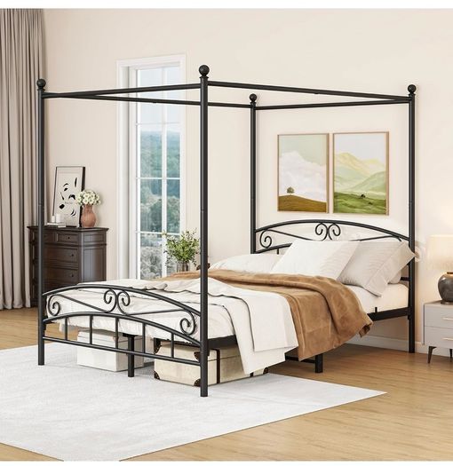 Canopy Bed Frame King Size with Ornate European Style Headboard & Footboard