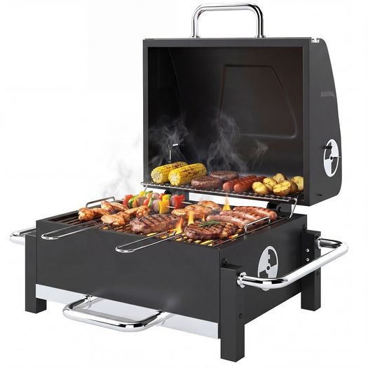 Steel Charcoal Grill Portable BBQ Smoker with Lid Adjustable Vents Two-Stage Charcoal Pan Thermometer