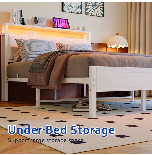 4FT6 Double Bed Frame with LED Lights and Charging Station, Heavy Duty Metal Platform Upholstered Bed frame with Storage Fabric Headboard,Metal Slats Support,Mattress Foundation (White)