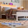 4FT6 Double Bed Frame with LED Lights and Charging Station, Heavy Duty Metal Platform Upholstered Bed frame with Storage Fabric Headboard,Metal Slats Support,Mattress Foundation (White) Image 4