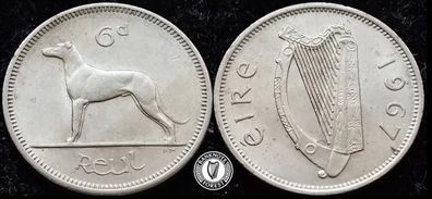 [#451] - Ireland 1967 | Irish 6p | Six Pence | Wolfhound | KM.13a | High Grade