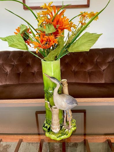 Antique Art Pottery Bretby Pottery 1890s Bamboo and Stork Large Spill Vase
