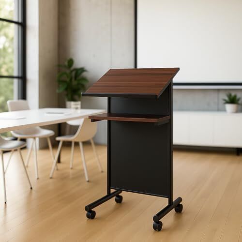 Audio-Visual Direct Wheeled Lectern Podium Standing Desk with Storage Shelf - Cherry/Black Ideal for Presentations and Laptop Use