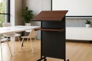 Audio-Visual Direct Wheeled Lectern Podium Standing Desk with Storage Shelf - Cherry/Black Ideal for Presentations and Laptop Use