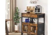 Farmhouse Coffee Bar Cabinet with 4-Tier Storage, Movable Coffee Bar Table with Wheels &amp; Mesh Door, Sideboard Buffet Cabinet for Kitchen, Entryway