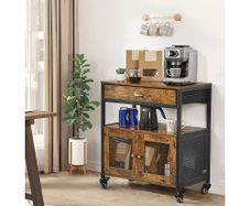 Farmhouse Coffee Bar Cabinet with 4-Tier Storage, Movable Coffee Bar Table with Wheels & Mesh Door, Sideboard Buffet Cabinet for Kitchen, Entryway