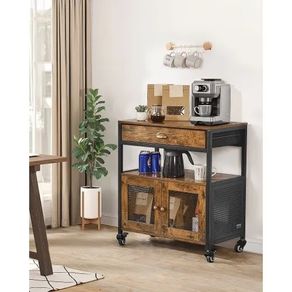 Farmhouse Coffee Bar Cabinet with 4-Tier Storage, Movable Coffee Bar Table with Wheels & Mesh Door, Sideboard Buffet Cabinet for Kitchen, Entryway