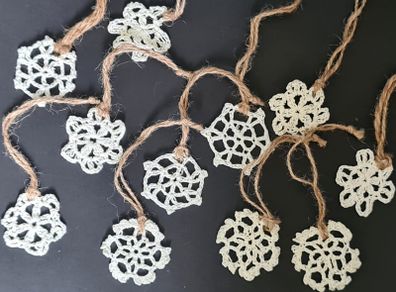 Handmade Crochet Christmas Tree Decorations, Set of 11 Snowflakes Rustic Boho