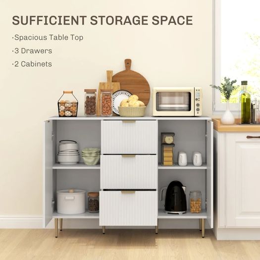 2-Door Sideboard with 3 Drawers and Adjustable Shelves - White