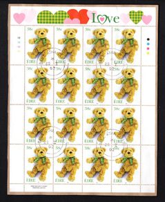 2002 Ireland Greetings (Teddy Bear) Commemorative Stamp Sheetlet Plate 1B1B1B1B Fine Used with Dublin CDS cancel of 22nd January 2002 (First day of issue) on envelope extract.