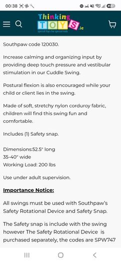 High quality Sensory Swing South Paw Cuddle Swing