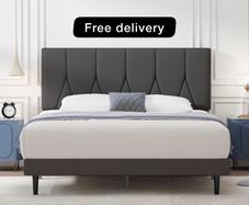 King Bed Frame, Dark Grey, Upholstered Wooden Slat Bed