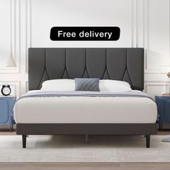 King Bed Frame, Dark Grey, Upholstered Wooden Slat Bed