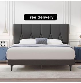 King Bed Frame, Dark Grey, Upholstered Wooden Slat Bed