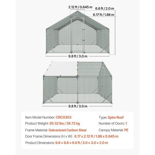 Large Metal Chicken Coop, 3 x 3 x 2 m, Walk-in Chicken Run House with Waterproof Cover and Sturdy Frame, Spire Roof Poultry Cage Duck Pen for Rabbit