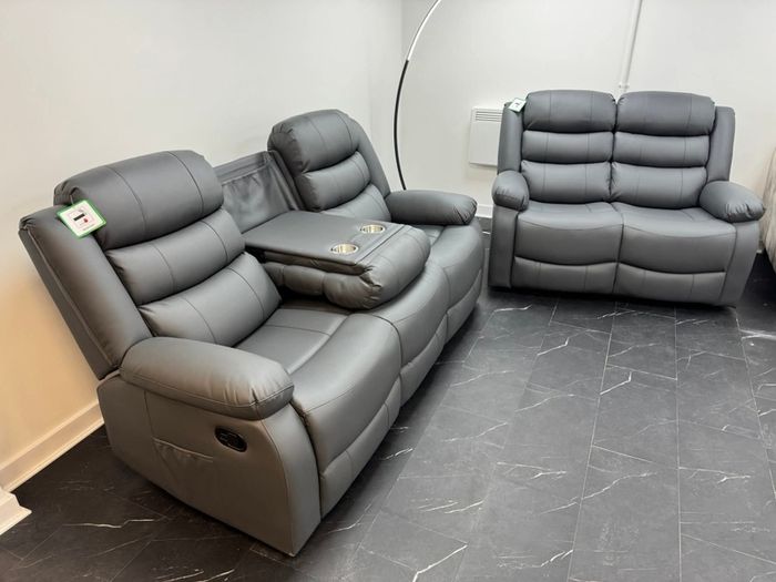 Roma Dark Grey Leather Recliner Sofa Set + Footstool