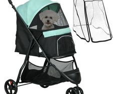 Foldable Pet Stroller w/ Rain Cover, for XS Dogs, S Dogs - Green