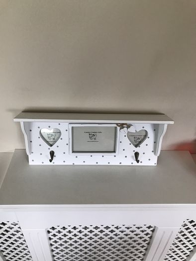 Photo Frame , shelf and hooks with heart detail