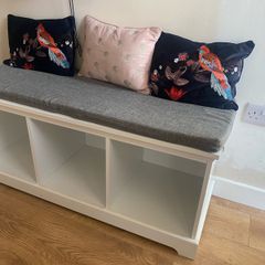 Padded hallway bench with underseat shoe storage